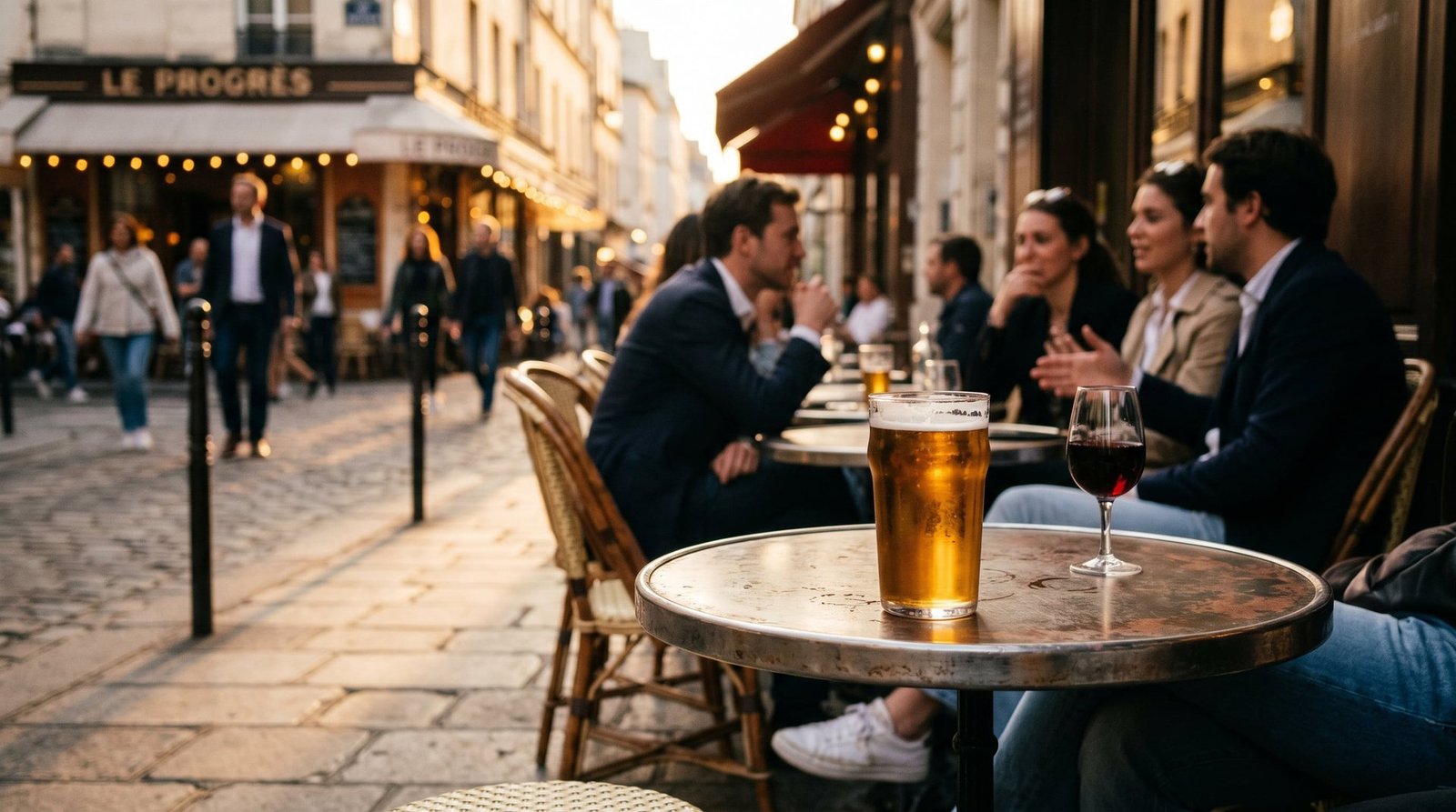 Mesa de café parisiense em calçada, com taça de vinho e copo de cerveja lado a lado