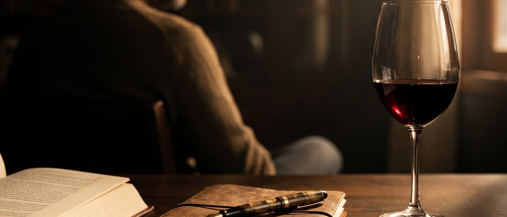 Mesa de leitura com livro aberto em primeiro plano, caderno de couro com caneta-tinteiro, e taça de vinho em luz quente