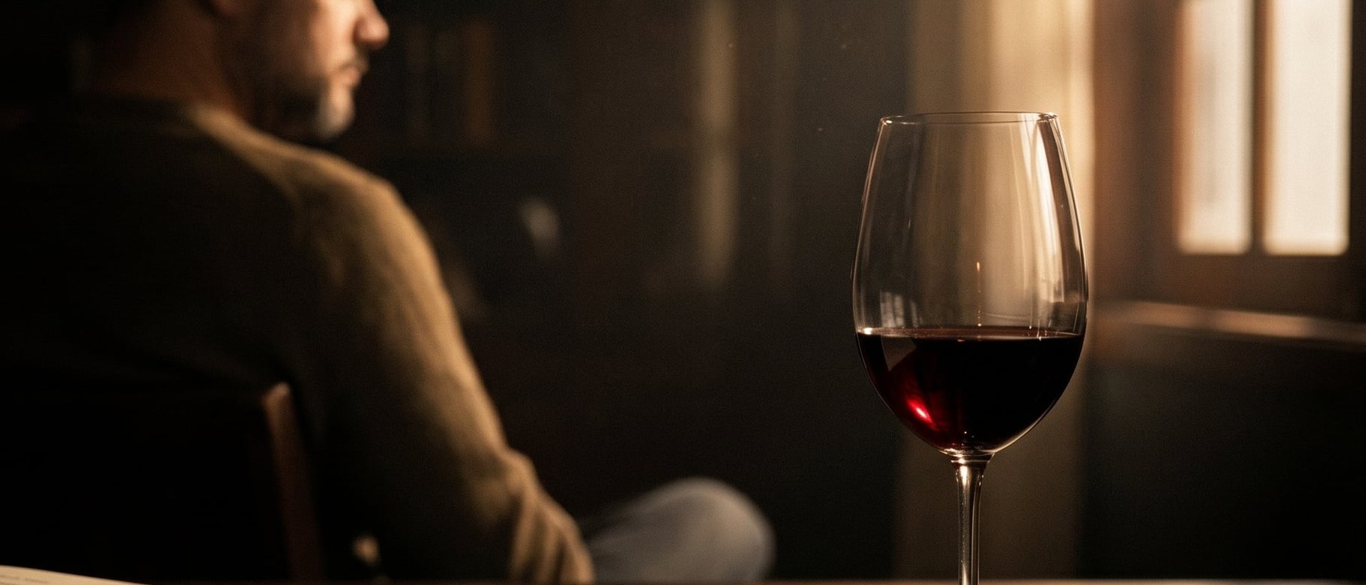 Mesa em luz baixa: perfil silhuetado, taça de vinho tinto recebendo luz quente da janela