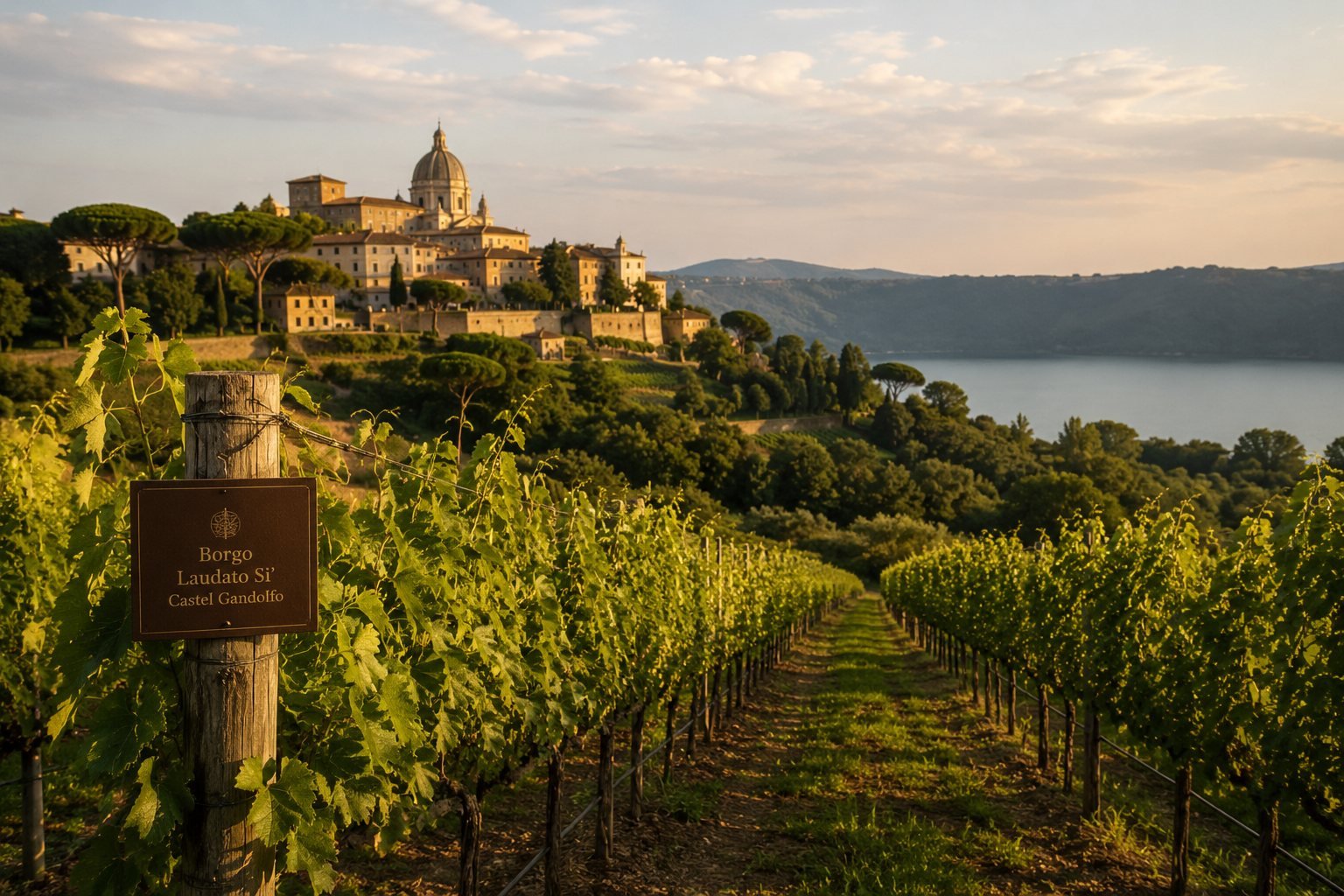 Vinhedo ao entardecer em colina italiana, com fileiras de videiras e construções de pedra ao fundo